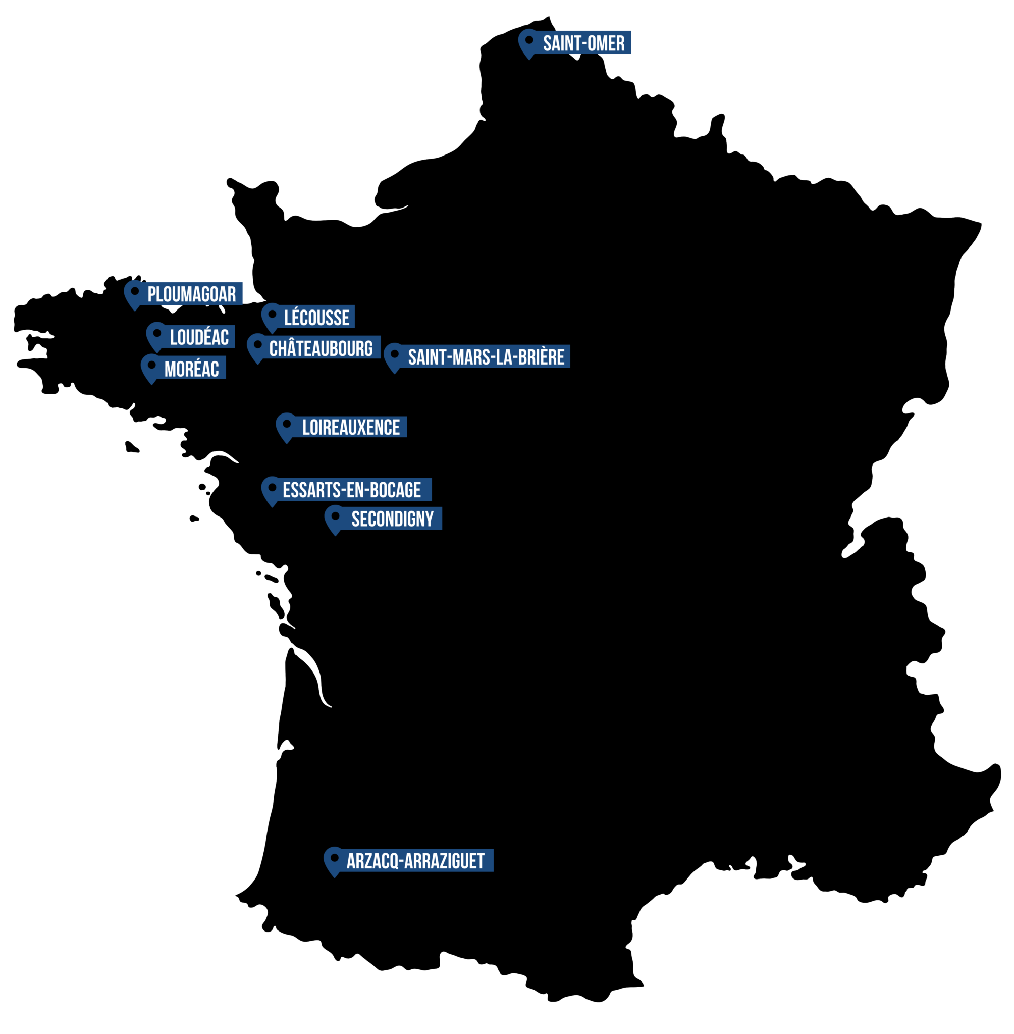 Carte de France des laboratoires d'analyses vétérinaires Bio Chêne Vert, 11 sites dans tous l'ouest de la France